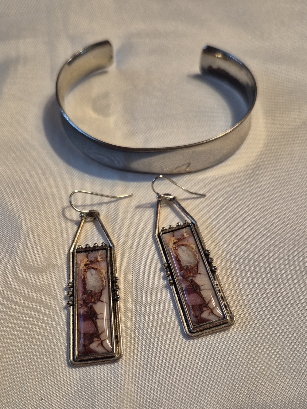 Silver-Tone Pink Marble Inlay Cuff Bracelet and Earrings Set